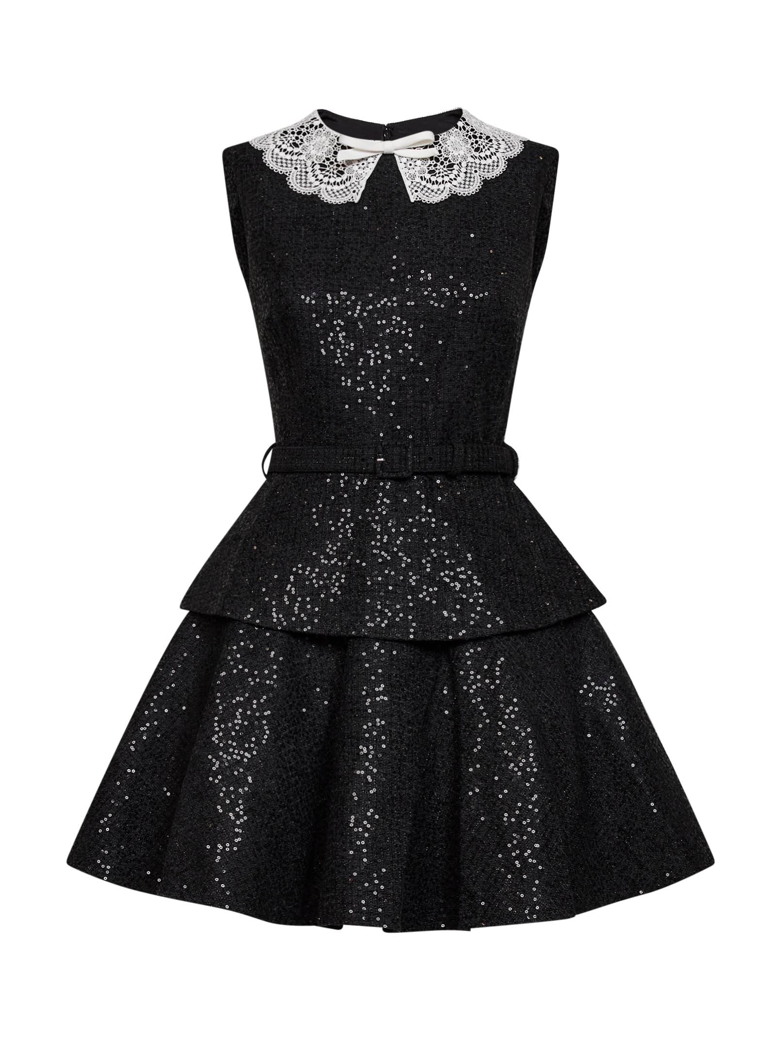 Self Portrait Women Black Sequin Bouclé Belted Peplum Mini Dress