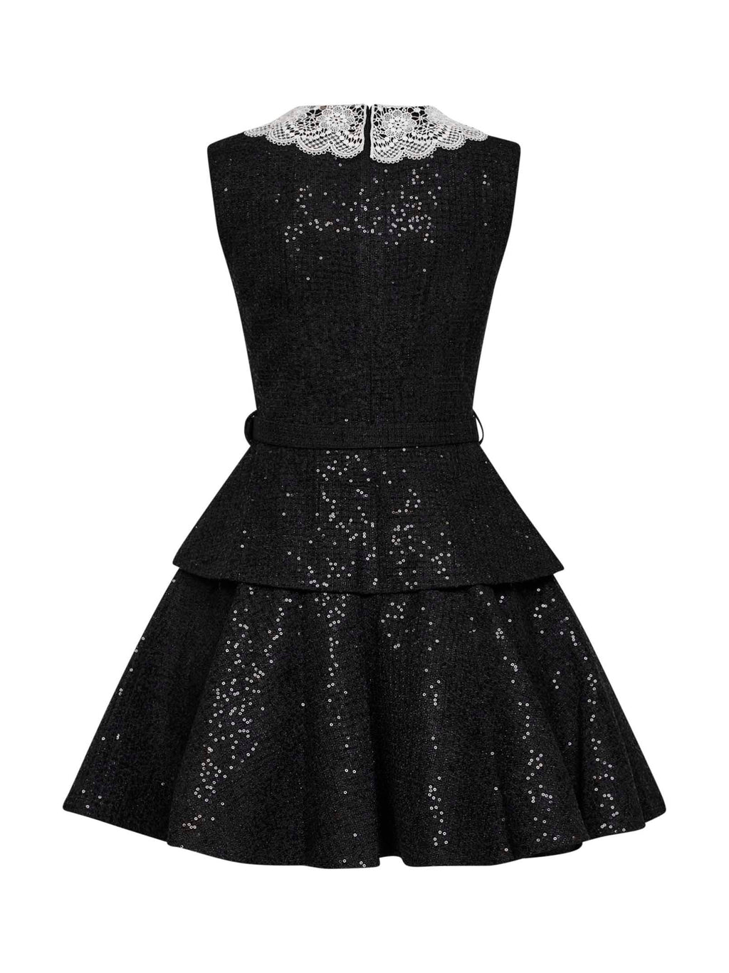 Self Portrait Women Black Sequin Bouclé Belted Peplum Mini Dress