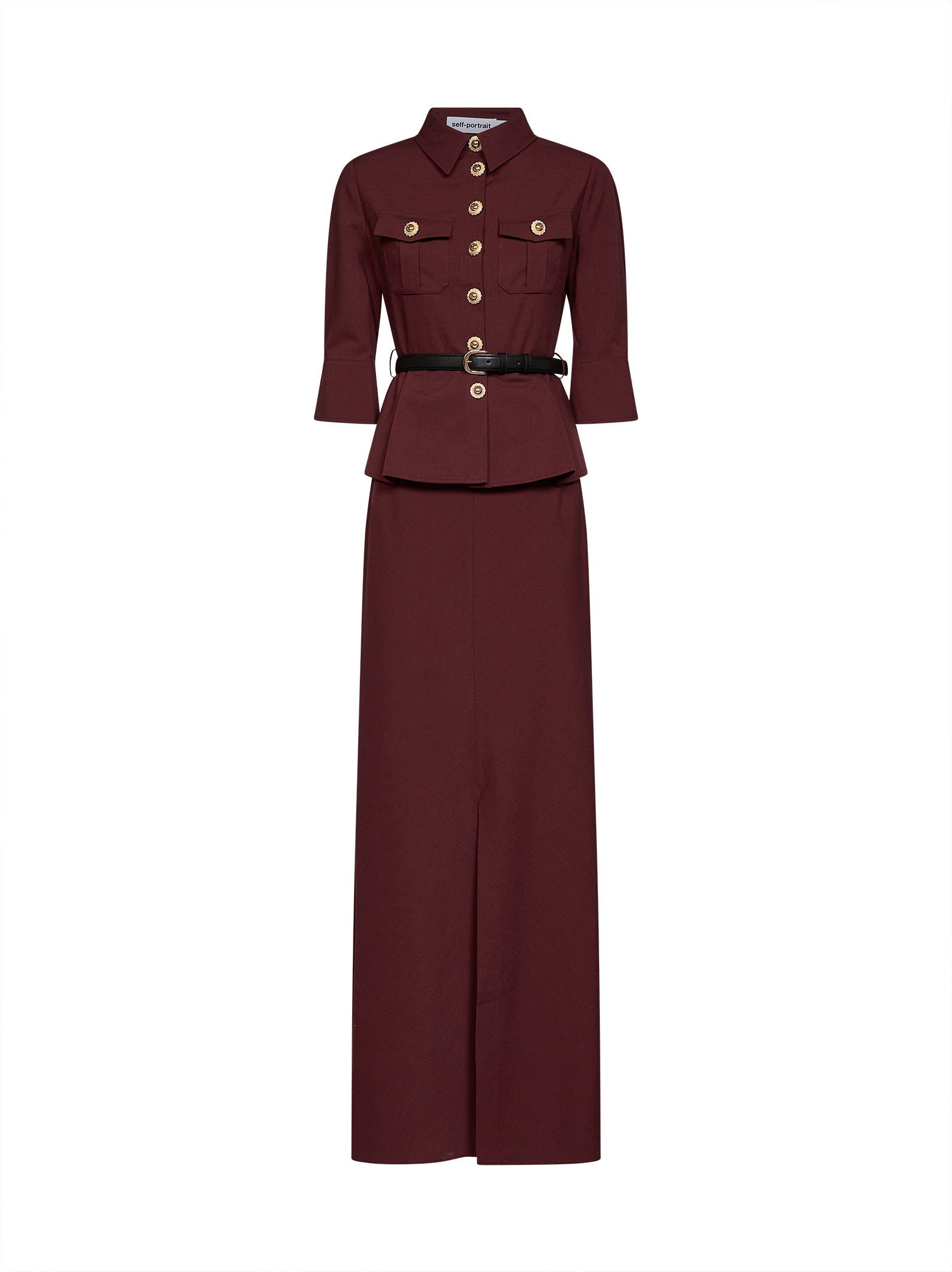 Self Portrait Women Brown Twill Belted Maxi Dress