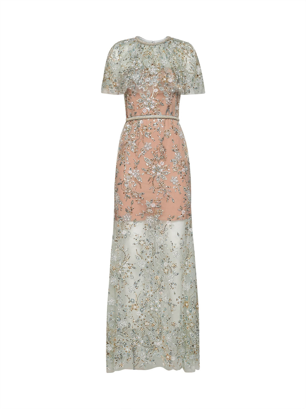 Self Portrait Women Mint Embroidered Tulle Cape Maxi Dress