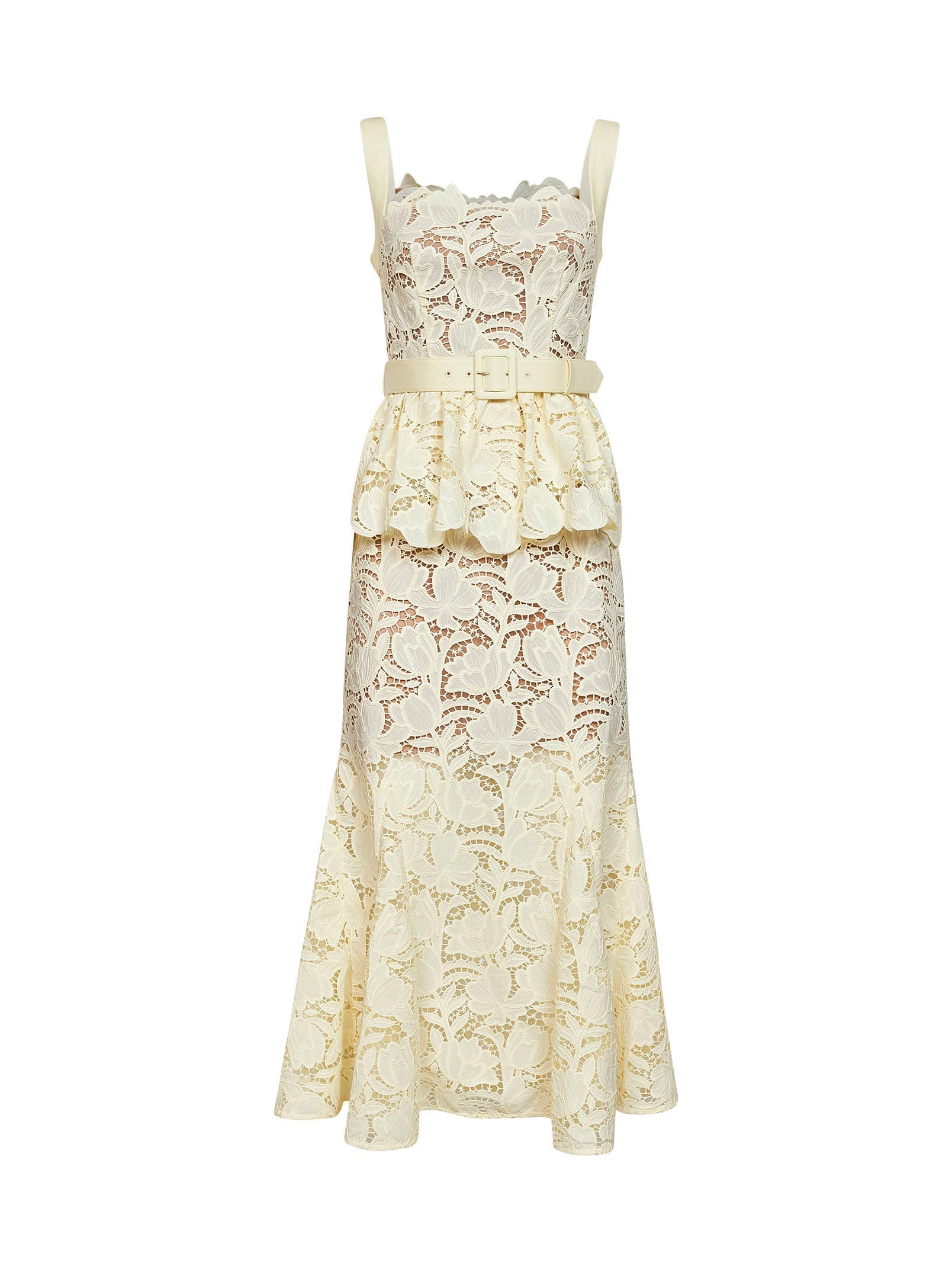 Self Portrait Women Yellow Macramé Lace Belted Peplum Midi Dress