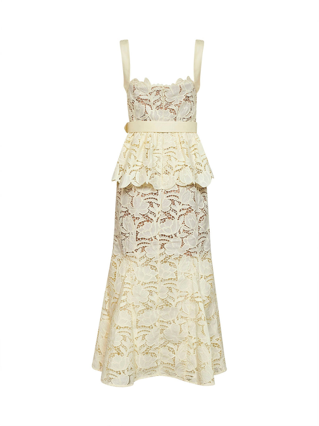 Self Portrait Women Yellow Macramé Lace Belted Peplum Midi Dress