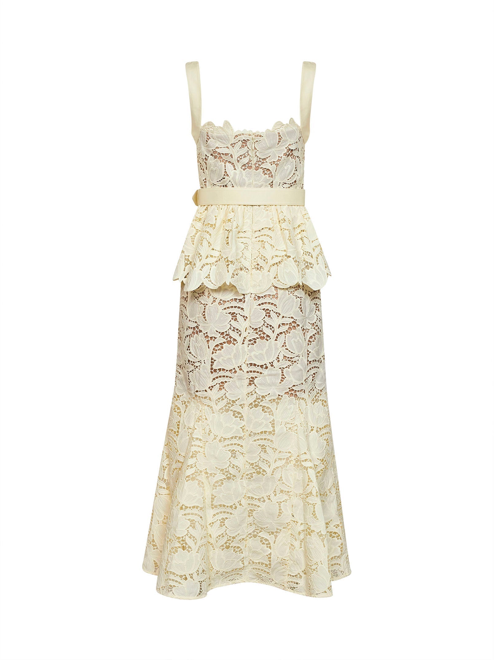 Self Portrait Women Yellow Macramé Lace Belted Peplum Midi Dress