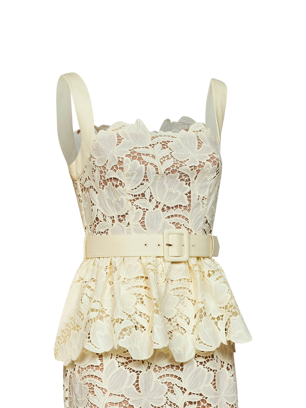 Self Portrait Women Yellow Macramé Lace Belted Peplum Midi Dress
