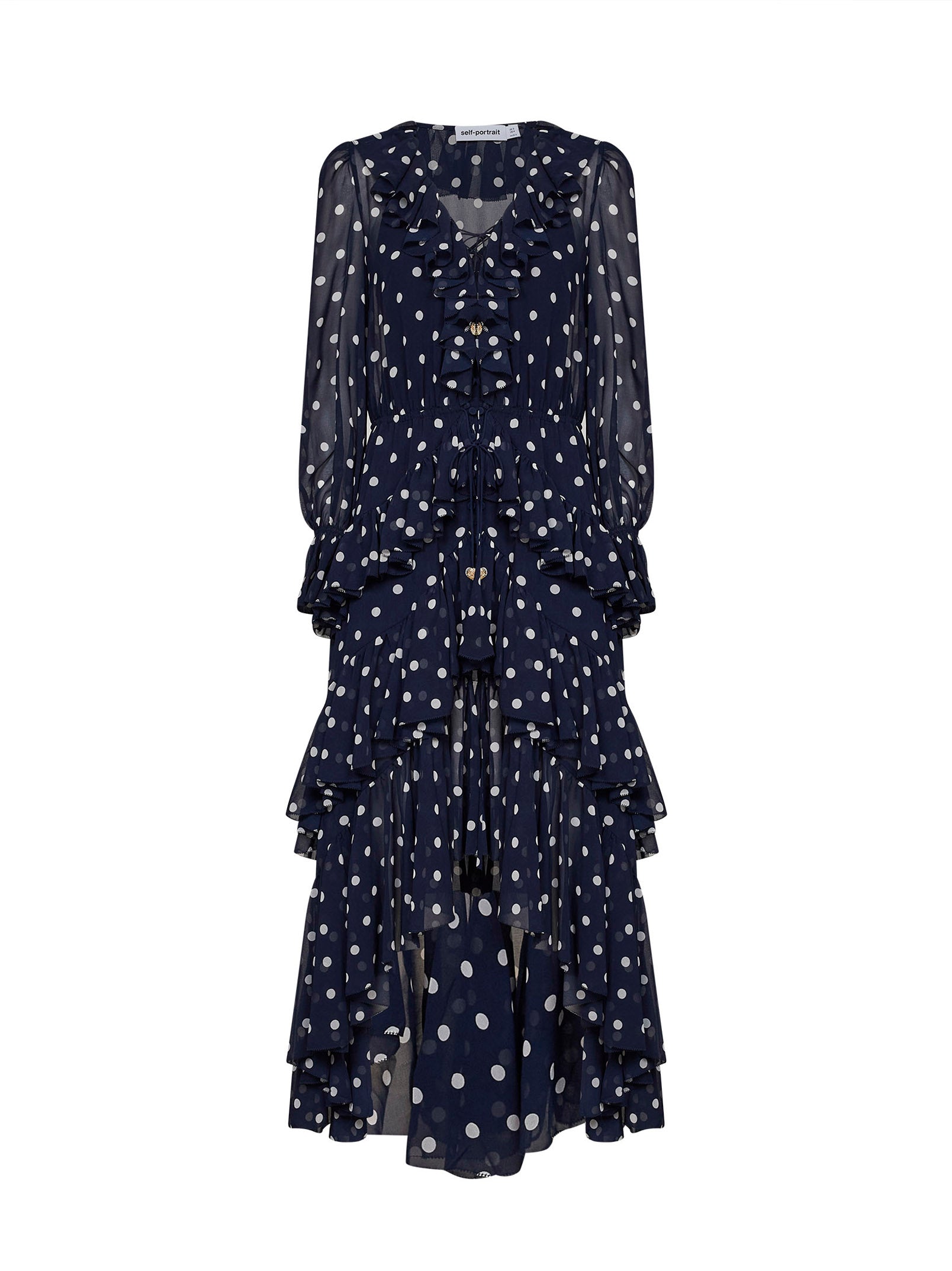 Self Portrait Women Navy Blue Polka Dot Georgette Ruffled Maxi Dress