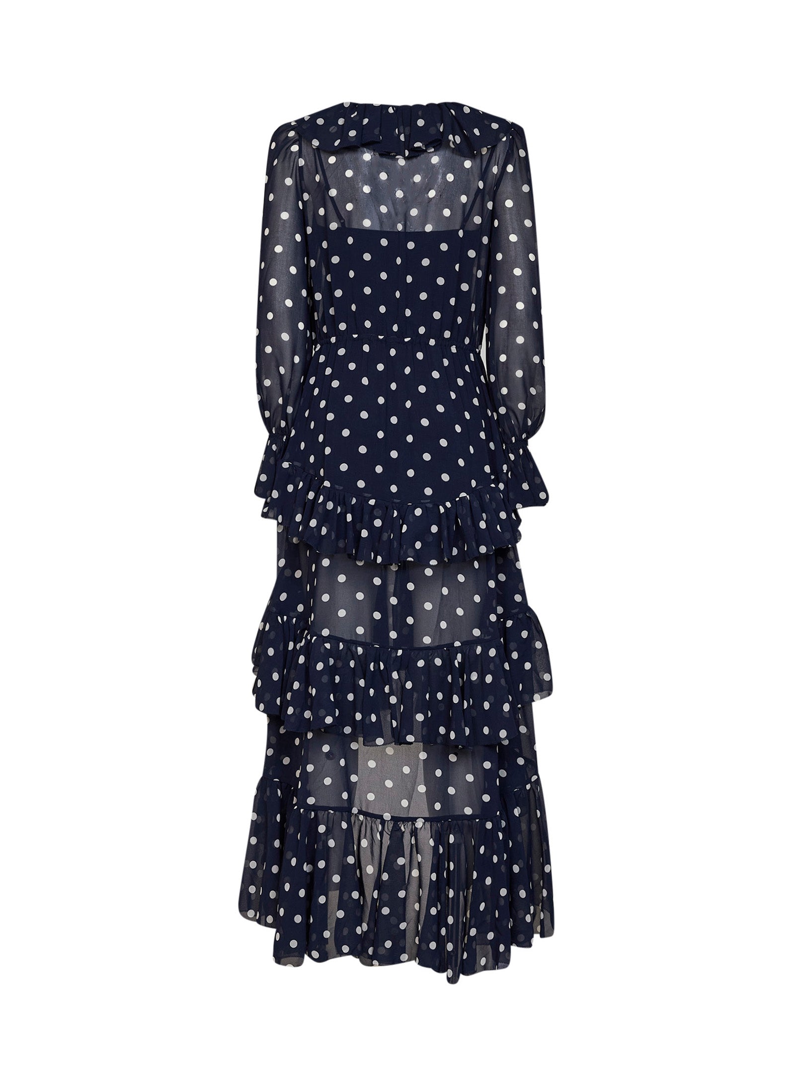 Self Portrait Women Navy Blue Polka Dot Georgette Ruffled Maxi Dress