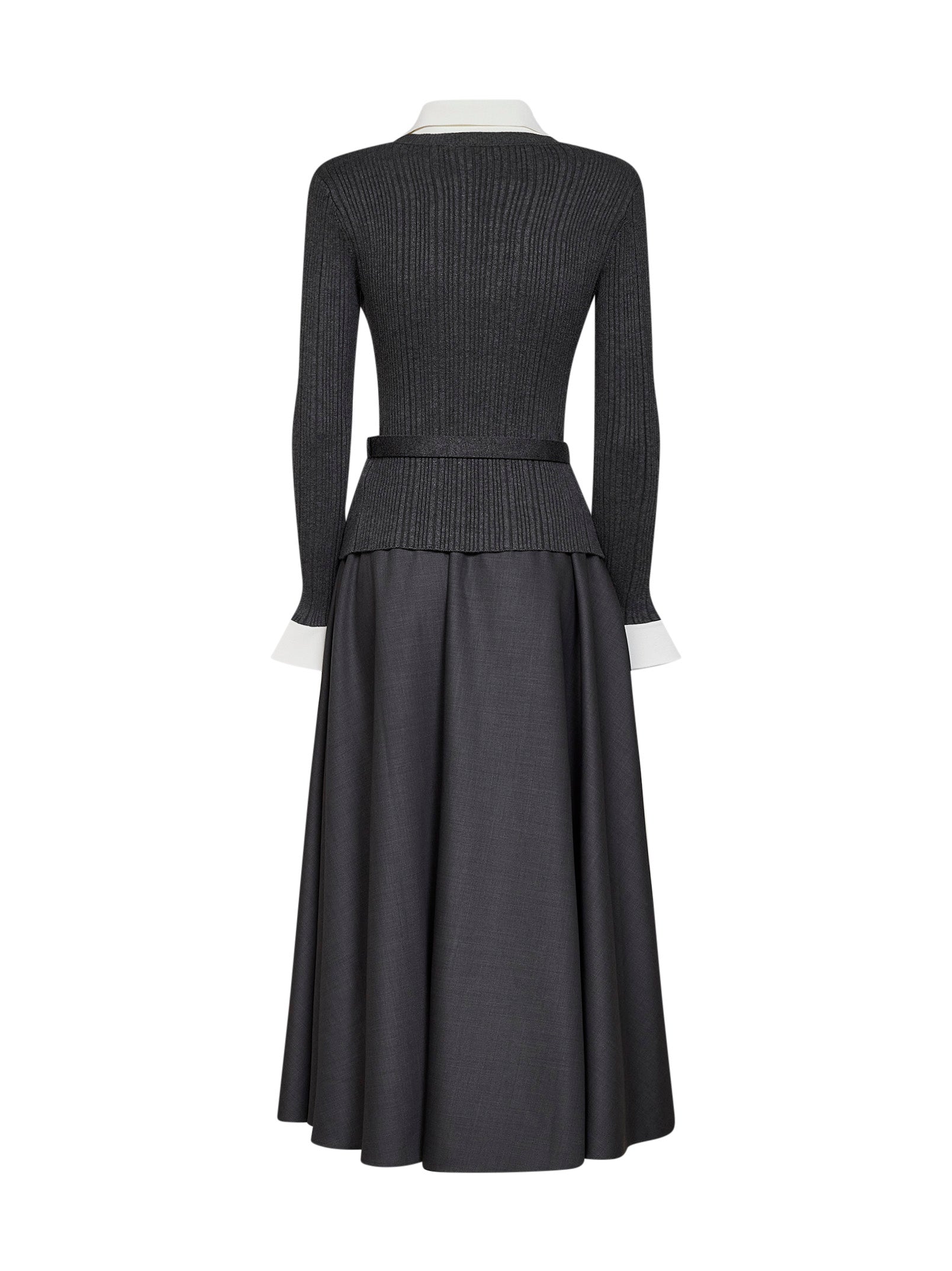 Self Portrait Women Grey Knit And Twill Belted Midi Dress
