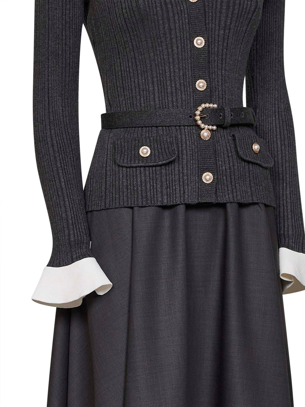 Self Portrait Women Grey Knit And Twill Belted Midi Dress