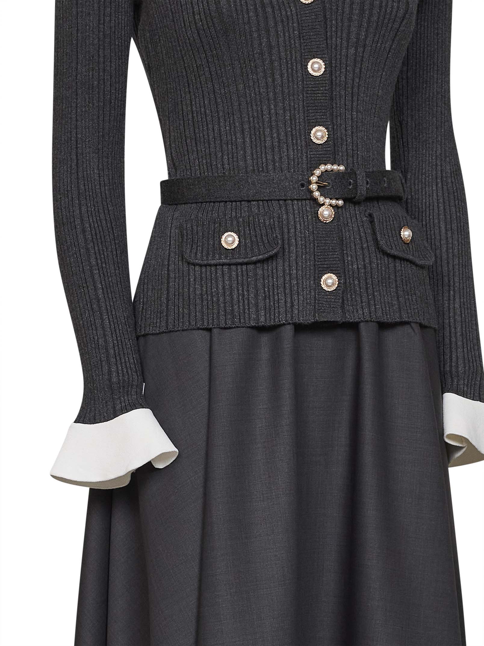 Self Portrait Women Grey Knit And Twill Belted Midi Dress