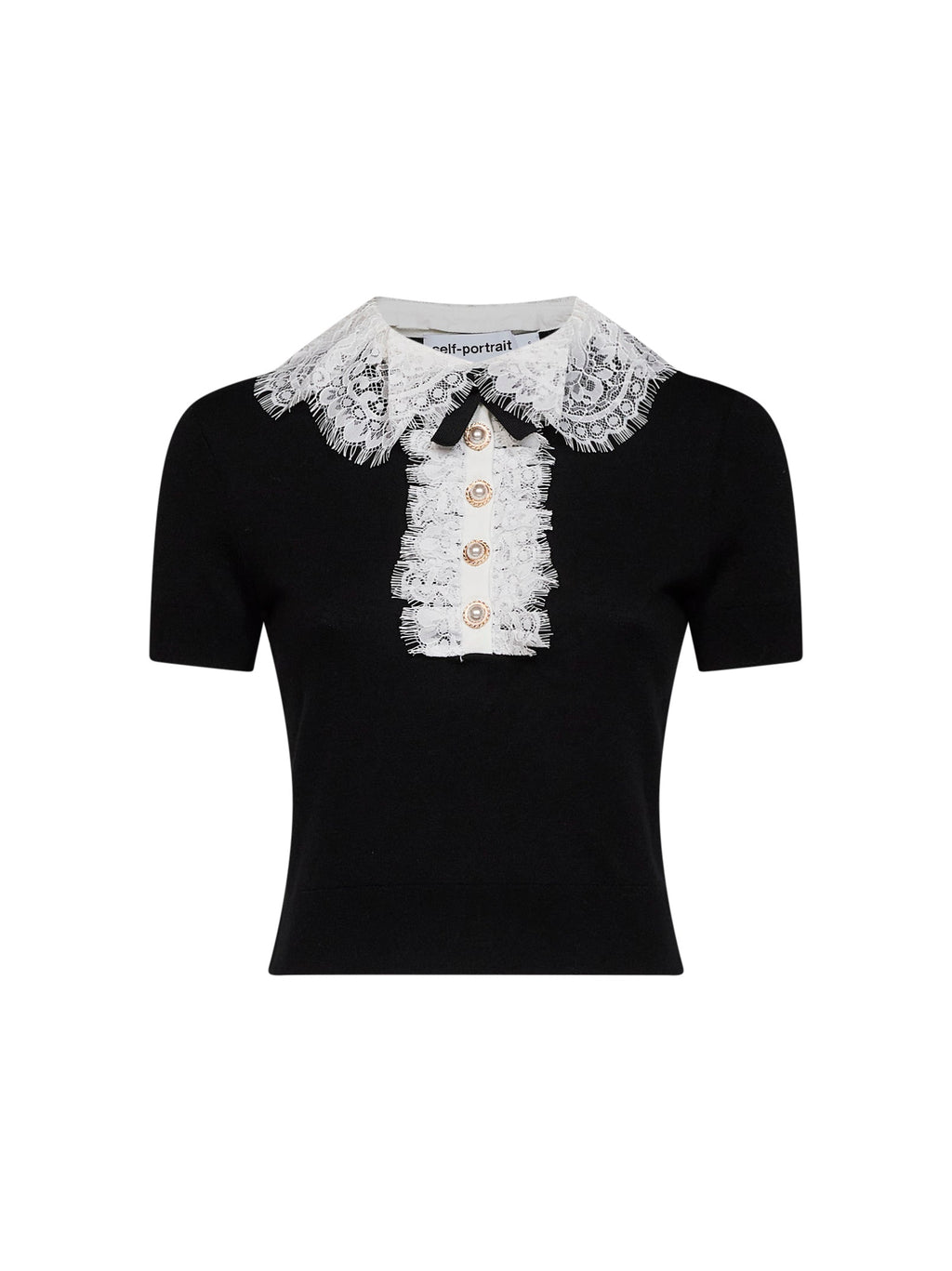 Self Portrait Women Black Wool Knit Top With Lace Collar