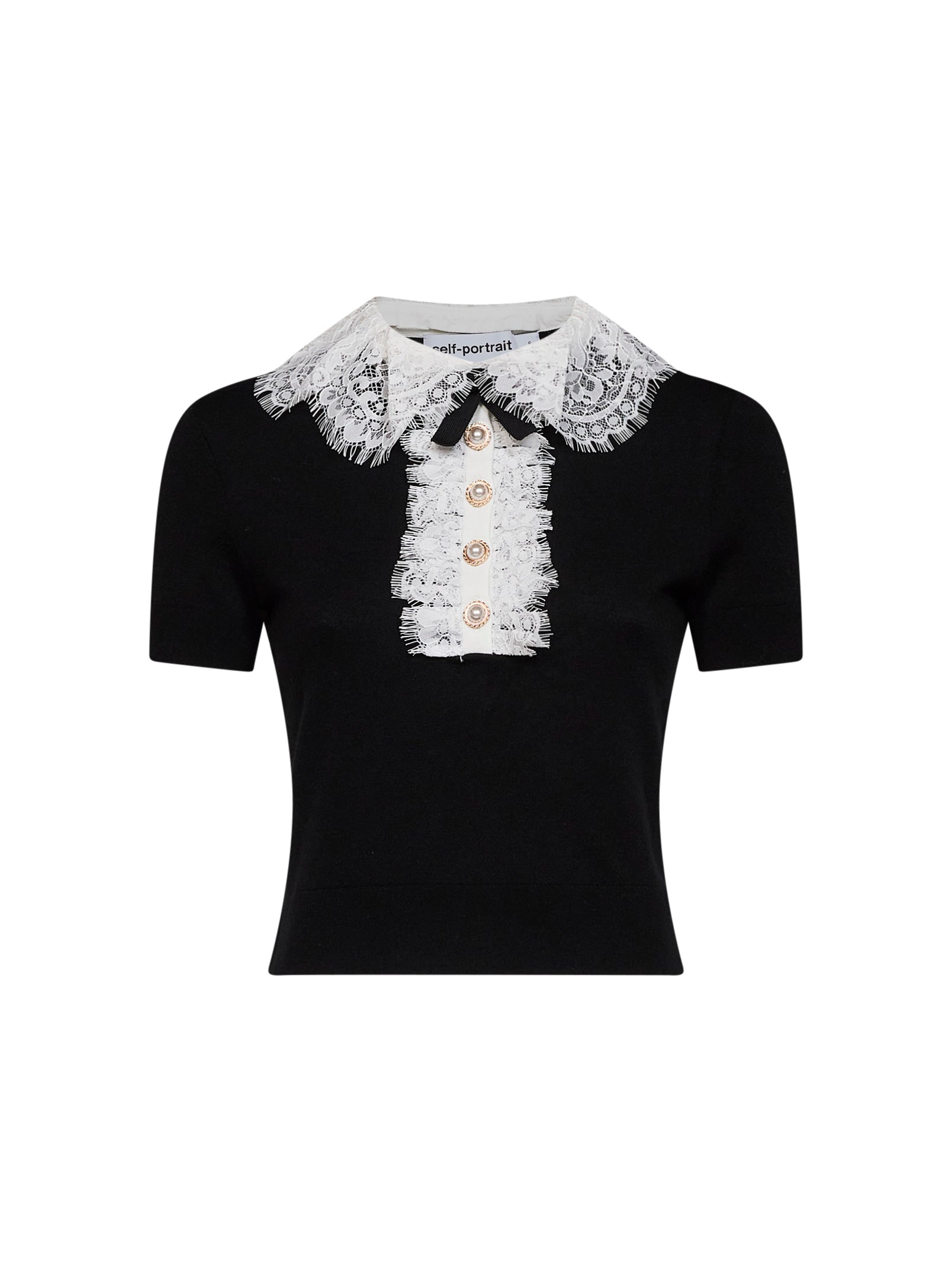 Self Portrait Women Black Wool Knit Top With Lace Collar