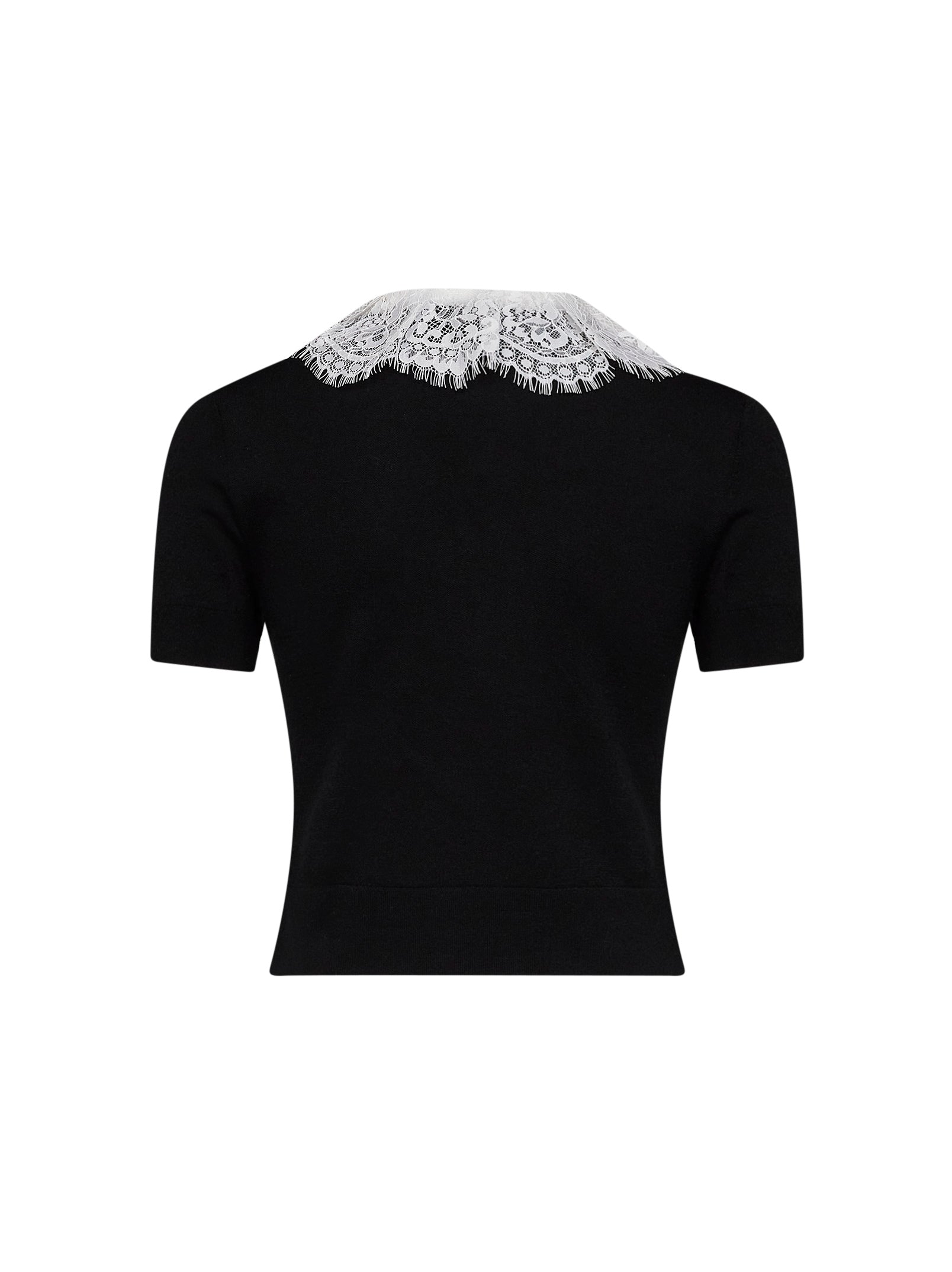 Self Portrait Women Black Wool Knit Top With Lace Collar
