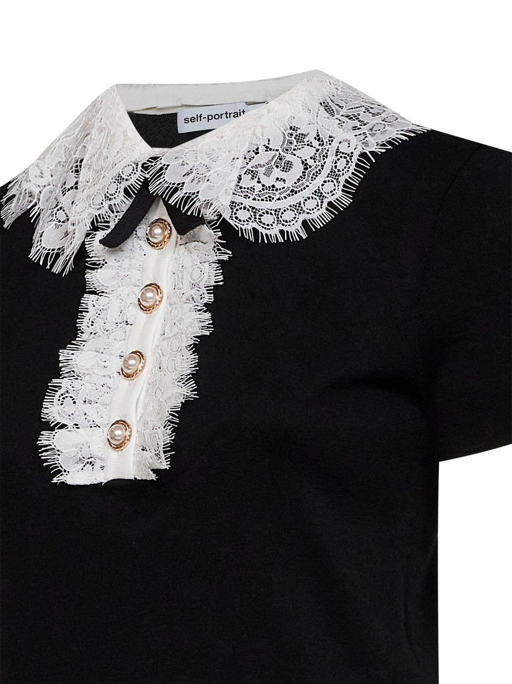 Self Portrait Women Black Wool Knit Top With Lace Collar