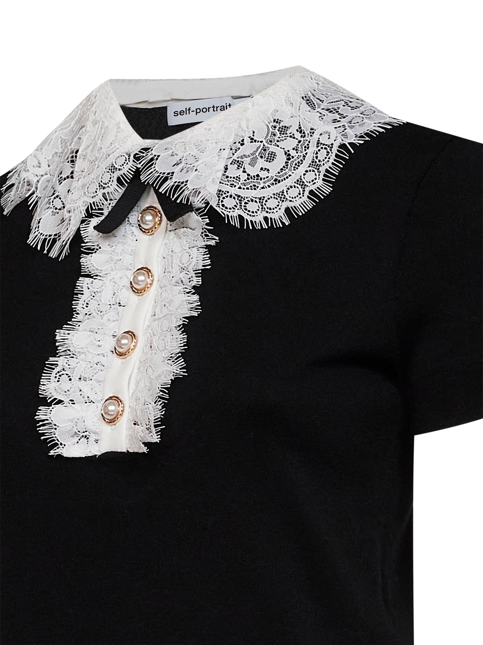 Self Portrait Women Black Wool Knit Top With Lace Collar