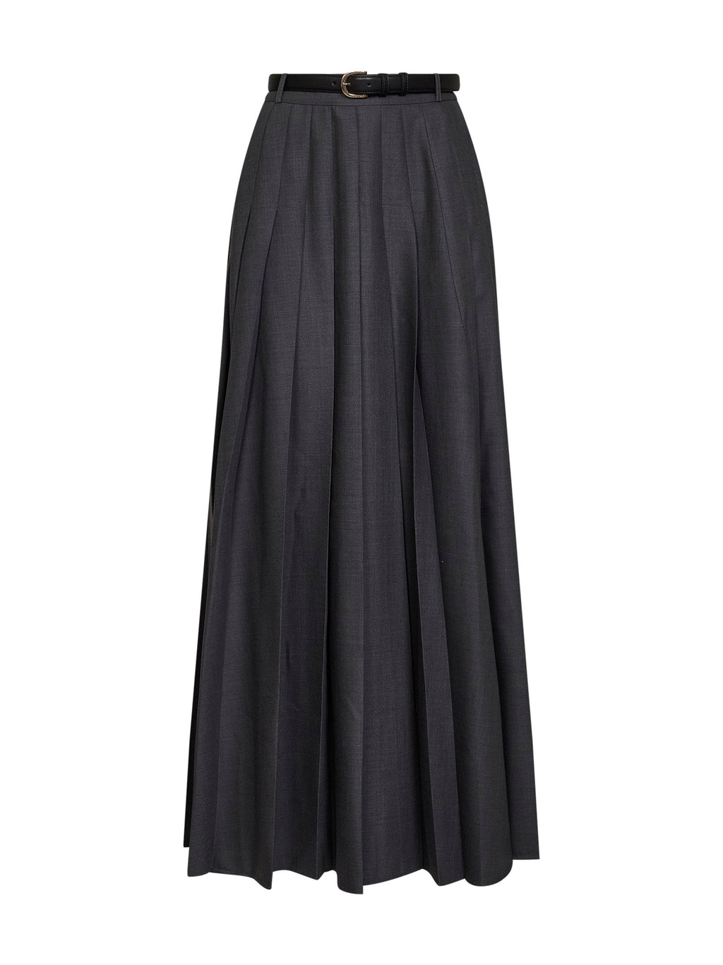Self Portrait Women Grey Wool Blend Belted Pleated Maxi Skirt
