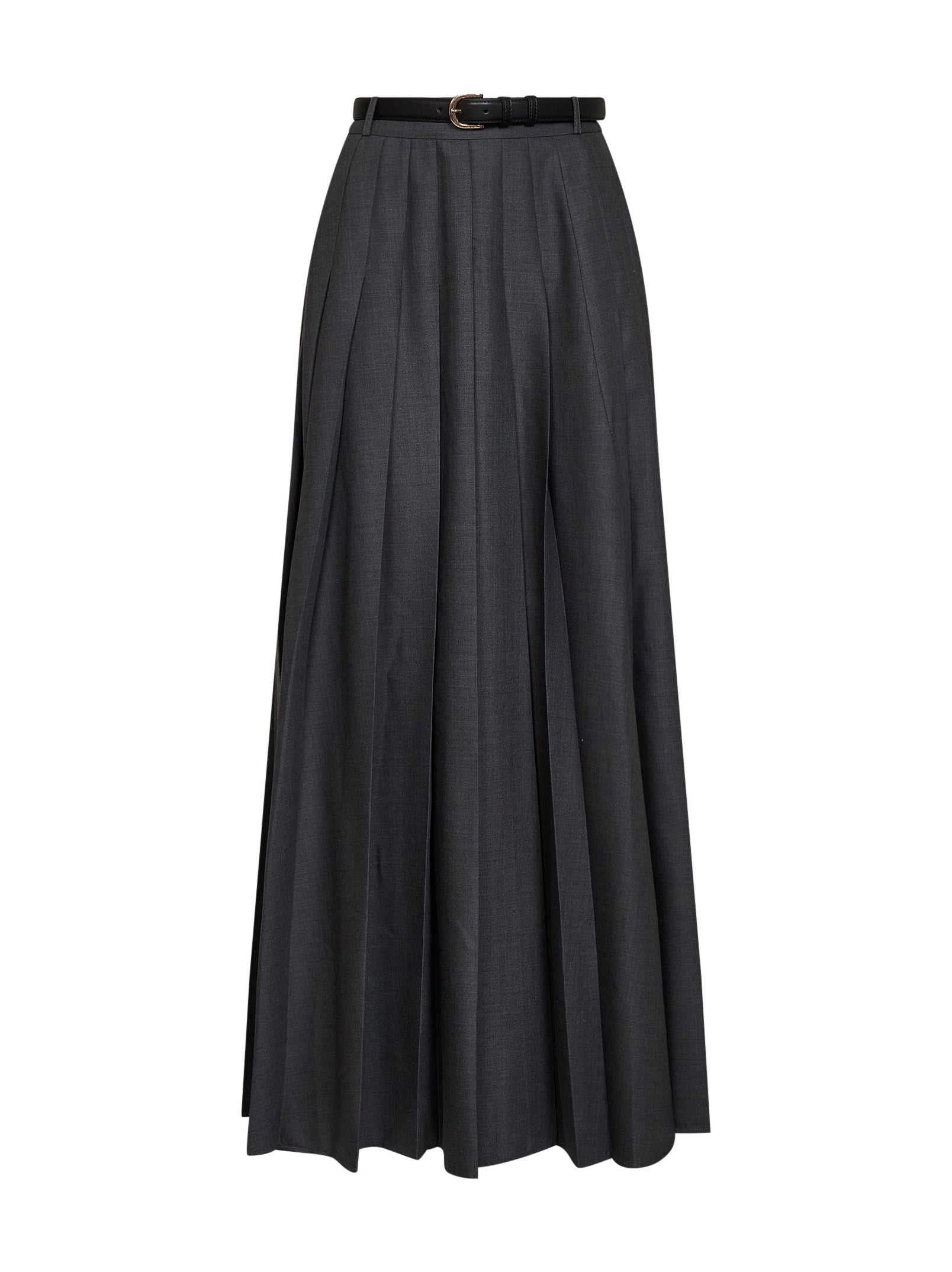 Self Portrait Women Grey Wool Blend Belted Pleated Maxi Skirt