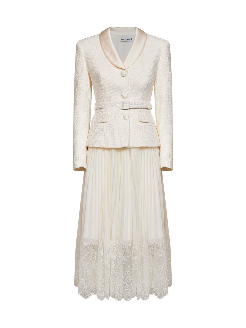 Self Portrait Women Cream Georgette And Bouclé Belted Midi Dress