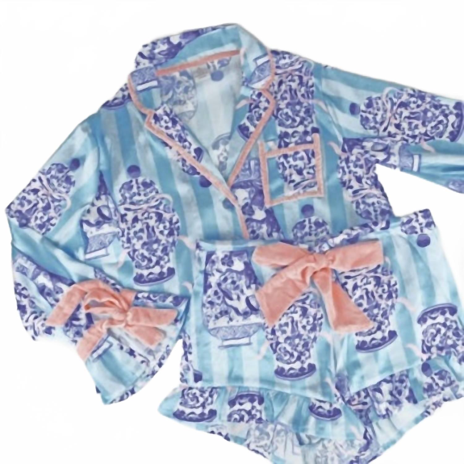 Satin Ruffle Short Pajama Set In Ginger Jar Stripe