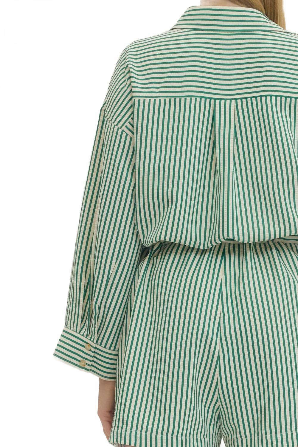 Storytelling Striped Long Sleeve Shorts Romper In Green
