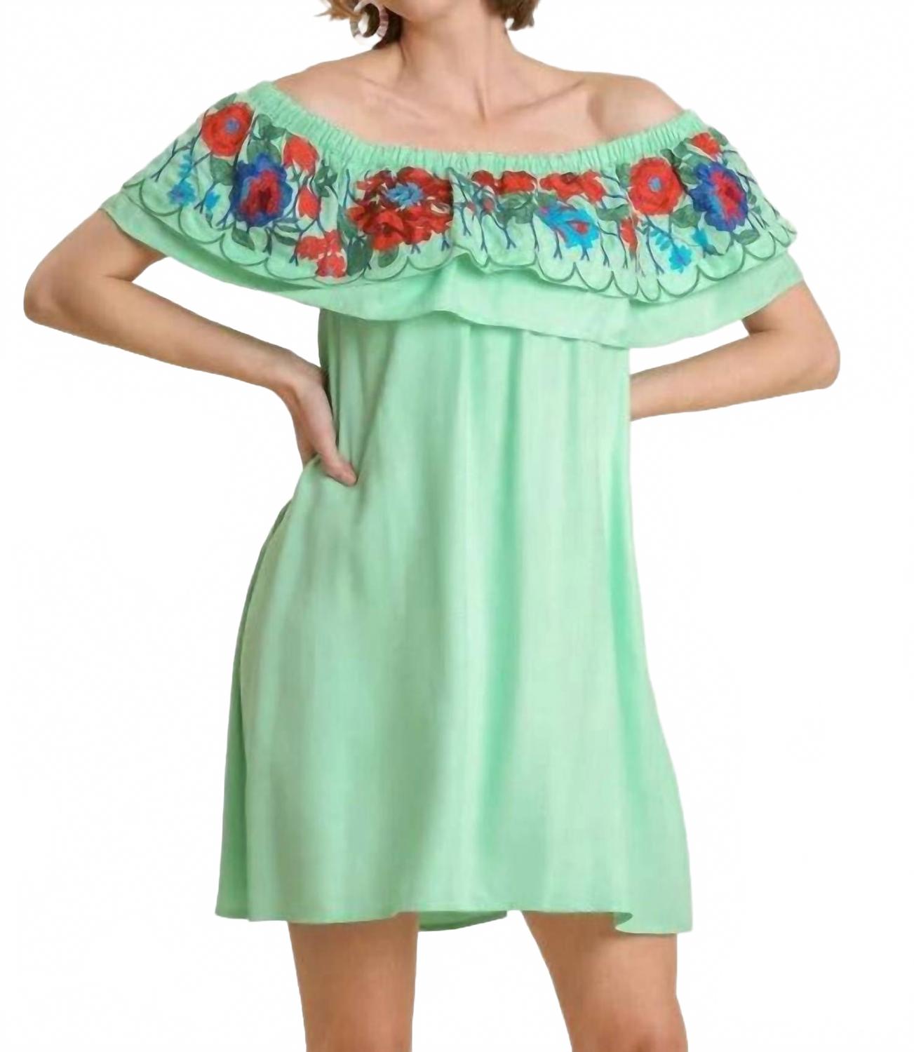 Floral Embroidered Ruffled Dress In Mint