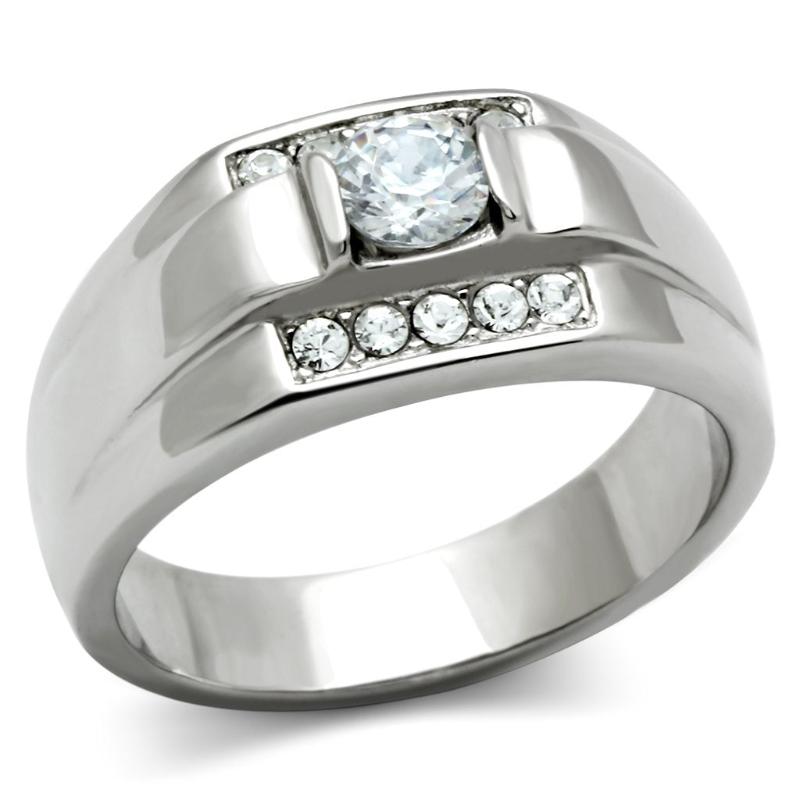 High polished (no plating) Stainless Steel Ring with AAA Grade CZ in Clear
