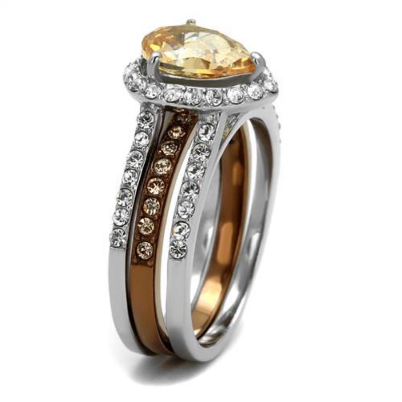 Two Tone IP Light Brown (IP Light coffee) Stainless Steel Ring with AAA Grade CZ in Champagne