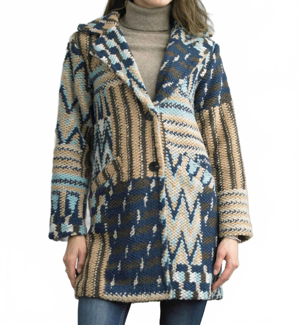 Tweed Long Boucle Coat In Blue Multi