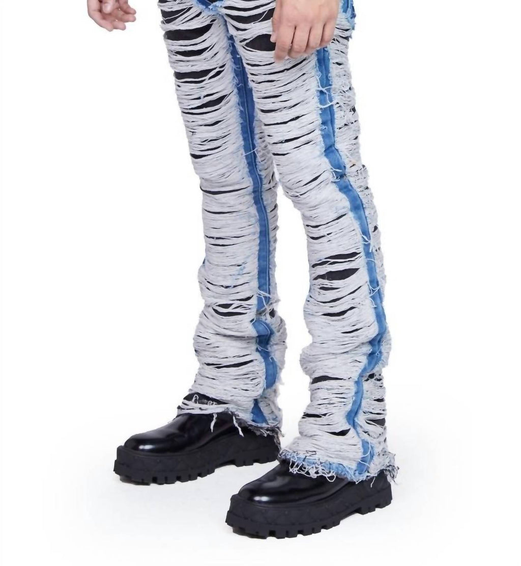 Men's Ravaged Stacked Flare Jean In Black Blue