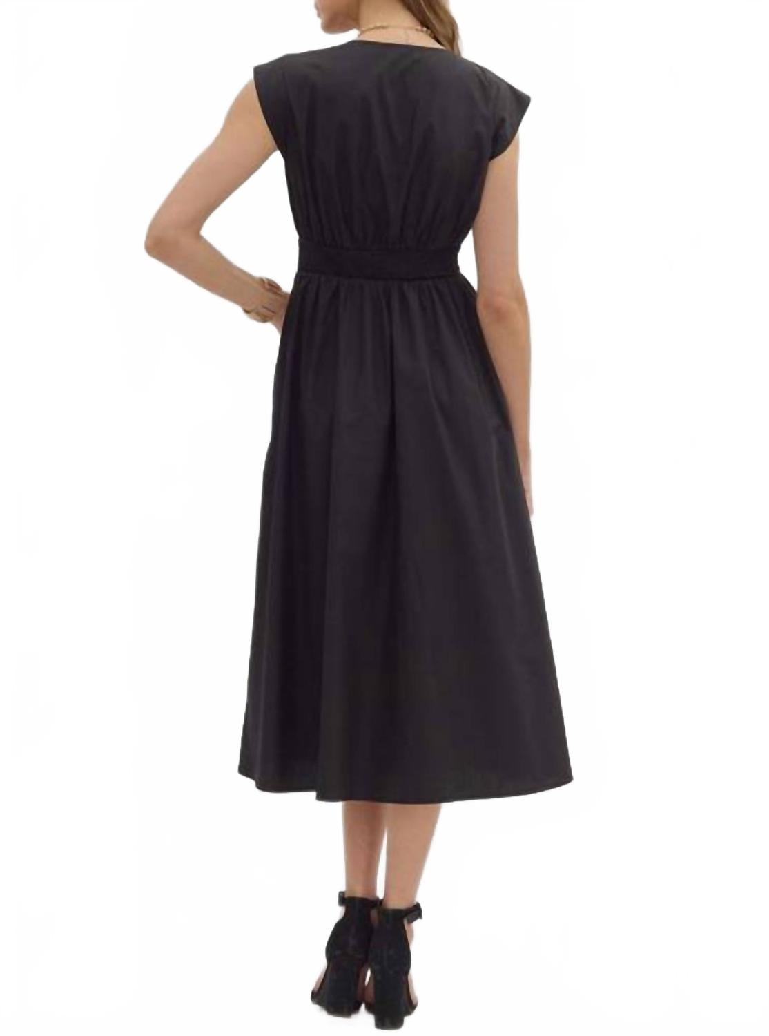 Vivian Front Zipper Smocked Waist Midi Dress In Black