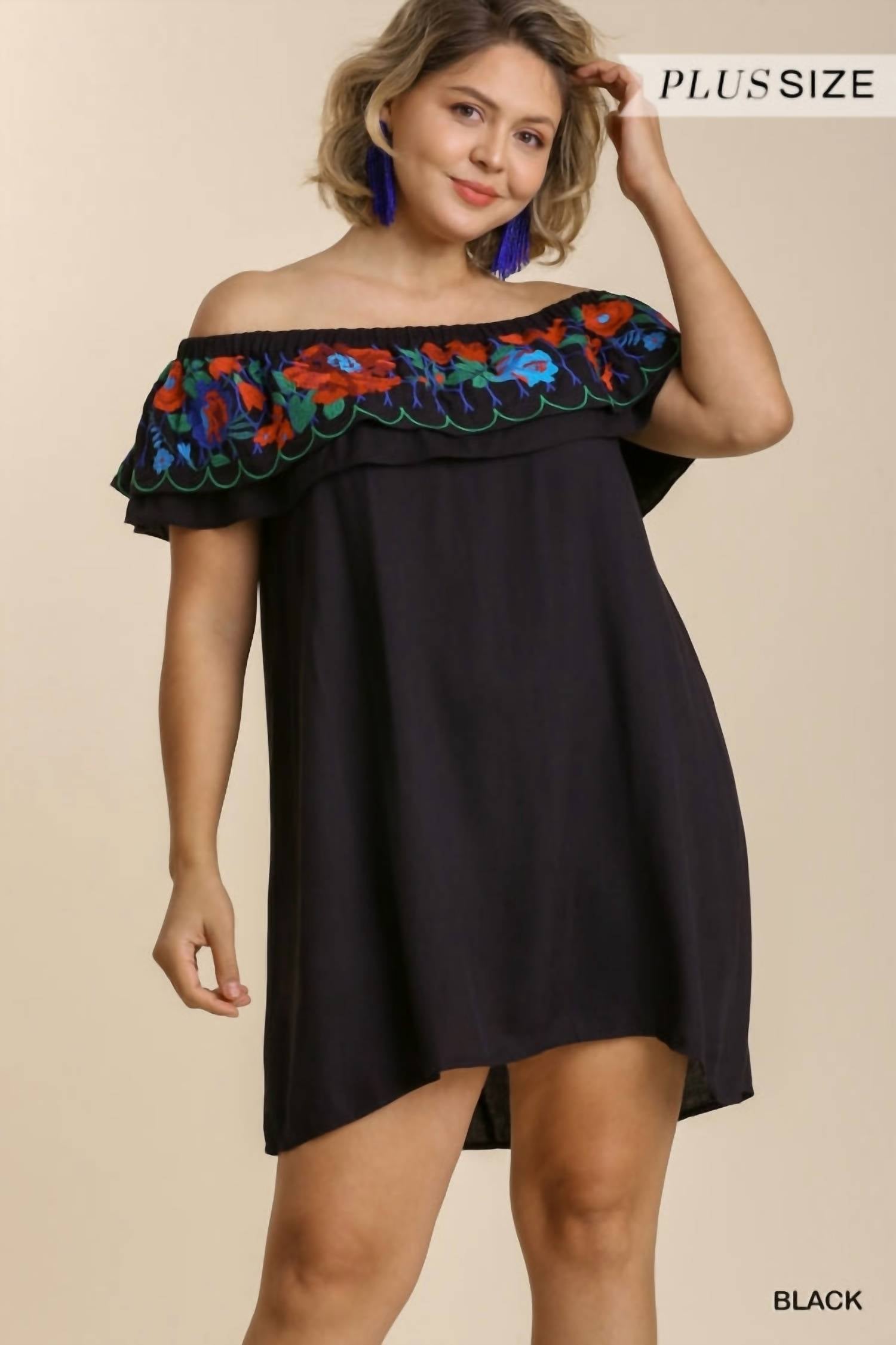 Floral Embroidered Ruffled Dress In Black