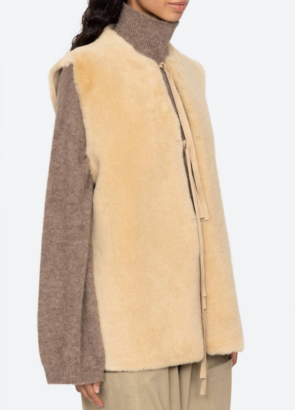 Elliot Shearling Tie-Front Vest In Beige