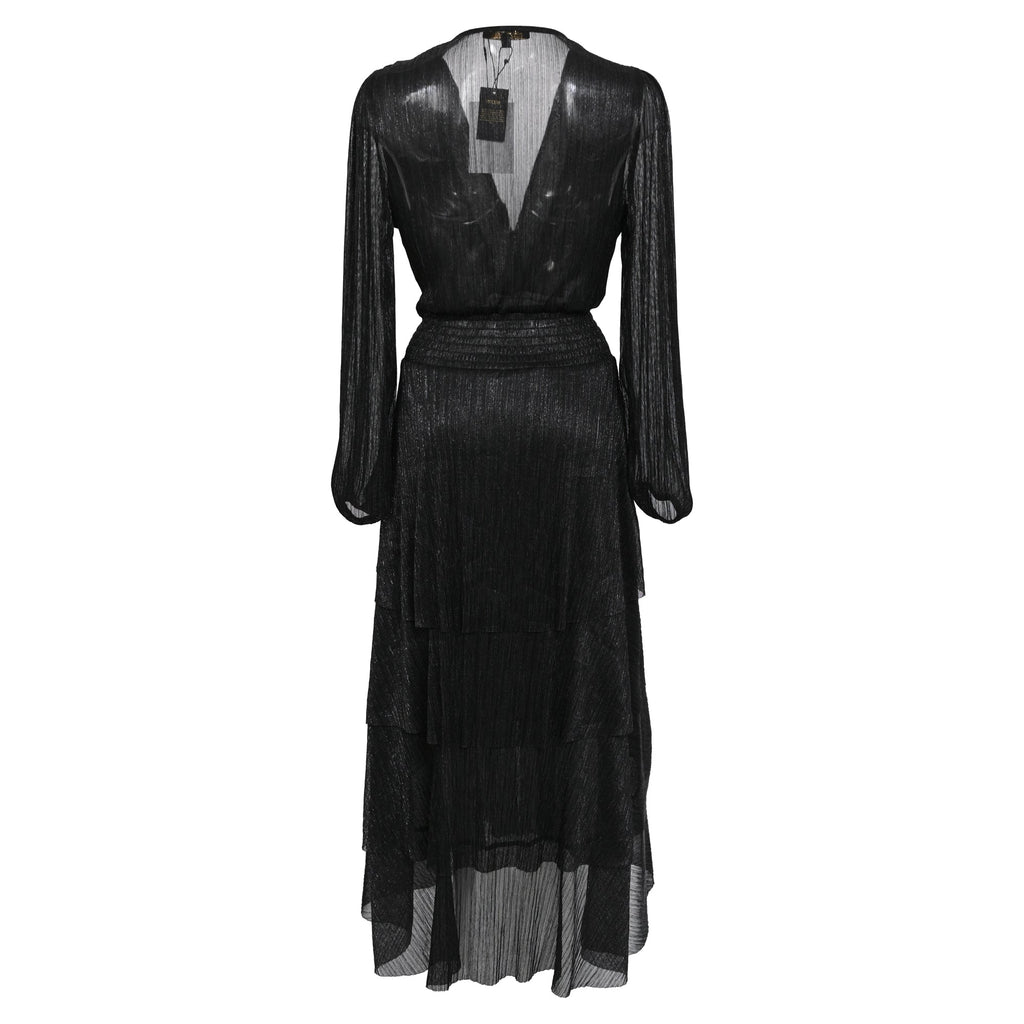 Maje Tiered Metallic Knitted Midi Dress in Black Polyester