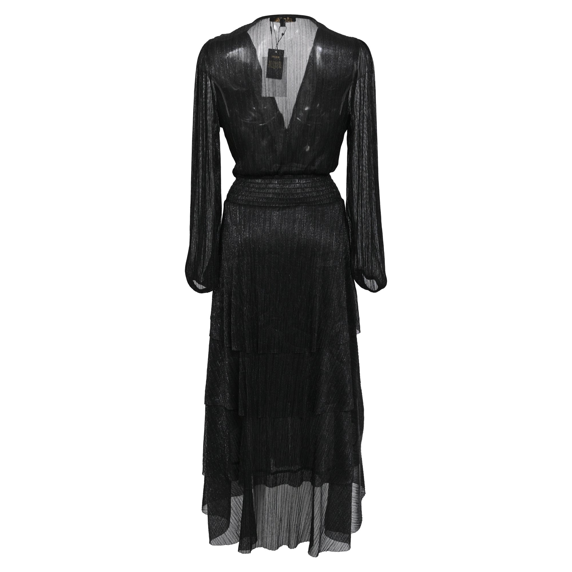 Maje Tiered Metallic Knitted Midi Dress in Black Polyester