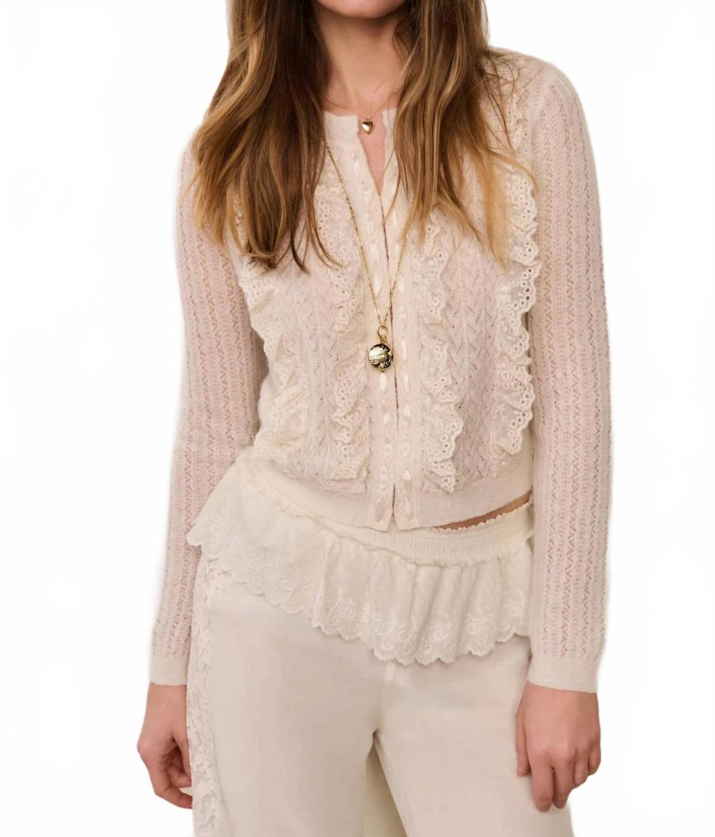 Melisse Eyelet Ruffle Cardigan In Aspen White
