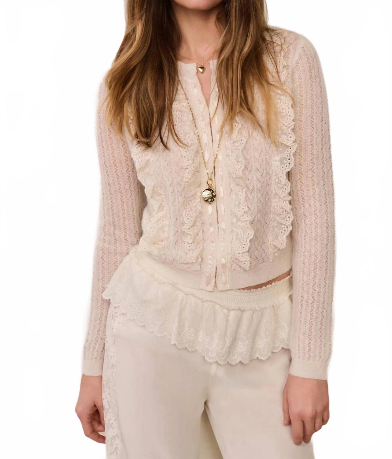 Melisse Eyelet Ruffle Cardigan In Aspen White