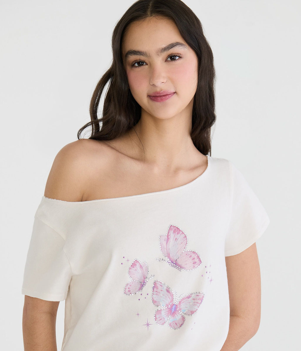 Aeropostale Seriously Soft Rhinestone Butterfly Off-The-Shoulder Vintage Fit Tee