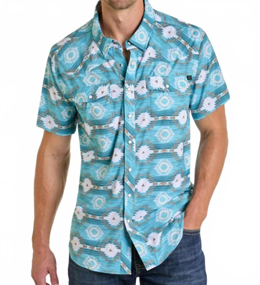 Men's Breathable Ripstop Aztec Short Sleeve Shirt In Turquoise
