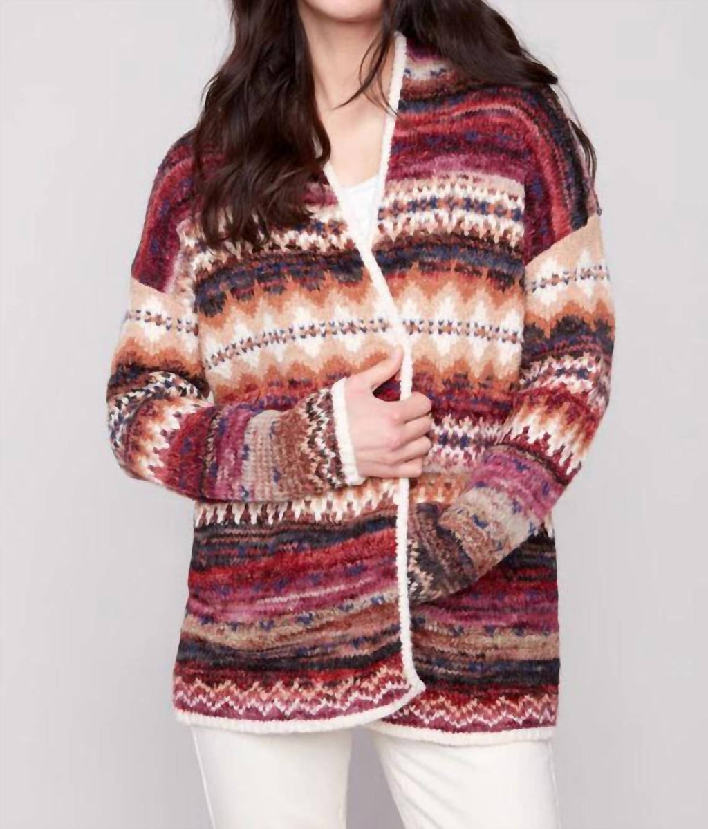 Long Jacquard Cardigan With Patch Pockets In Jewel