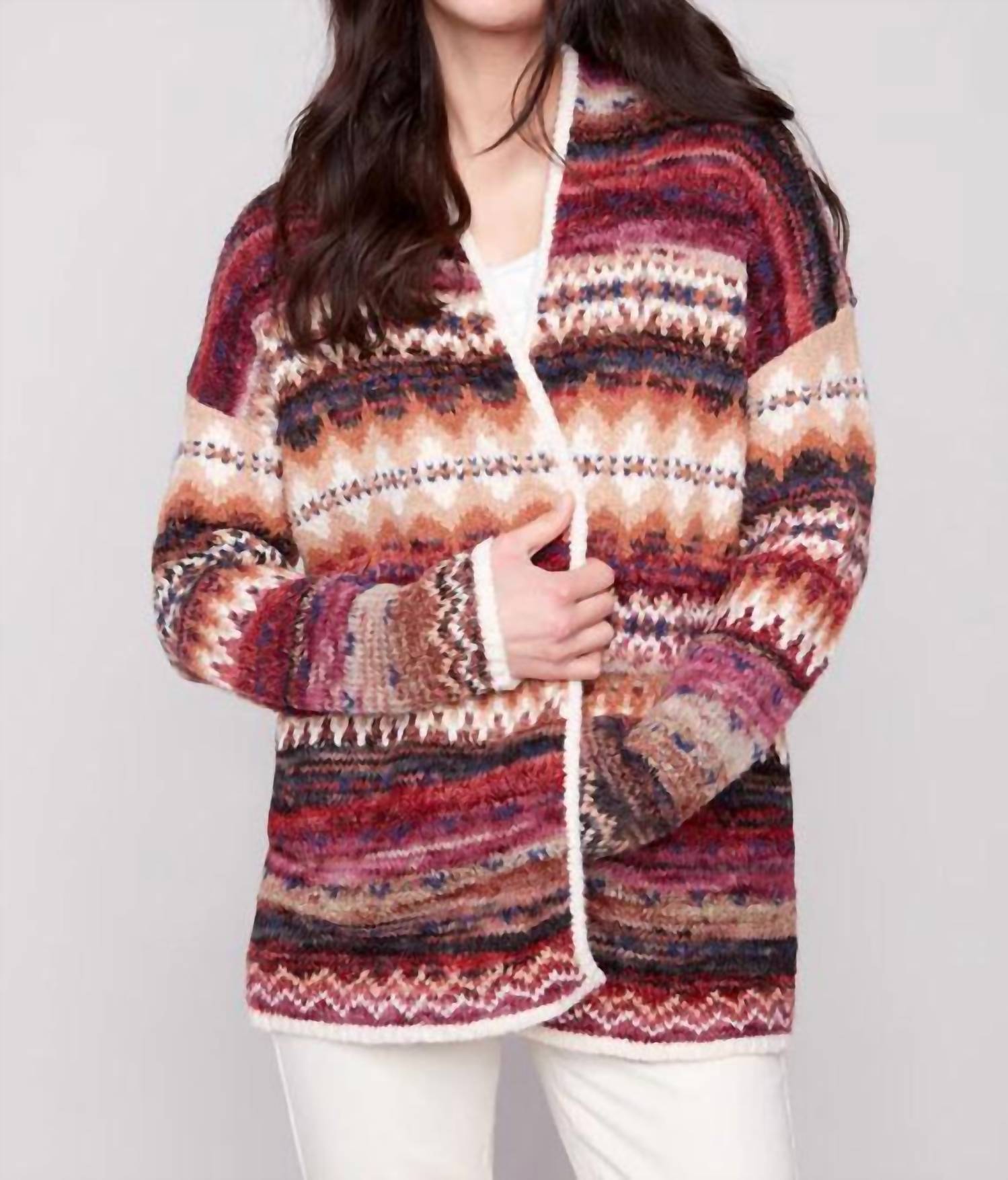 Long Jacquard Cardigan With Patch Pockets In Jewel