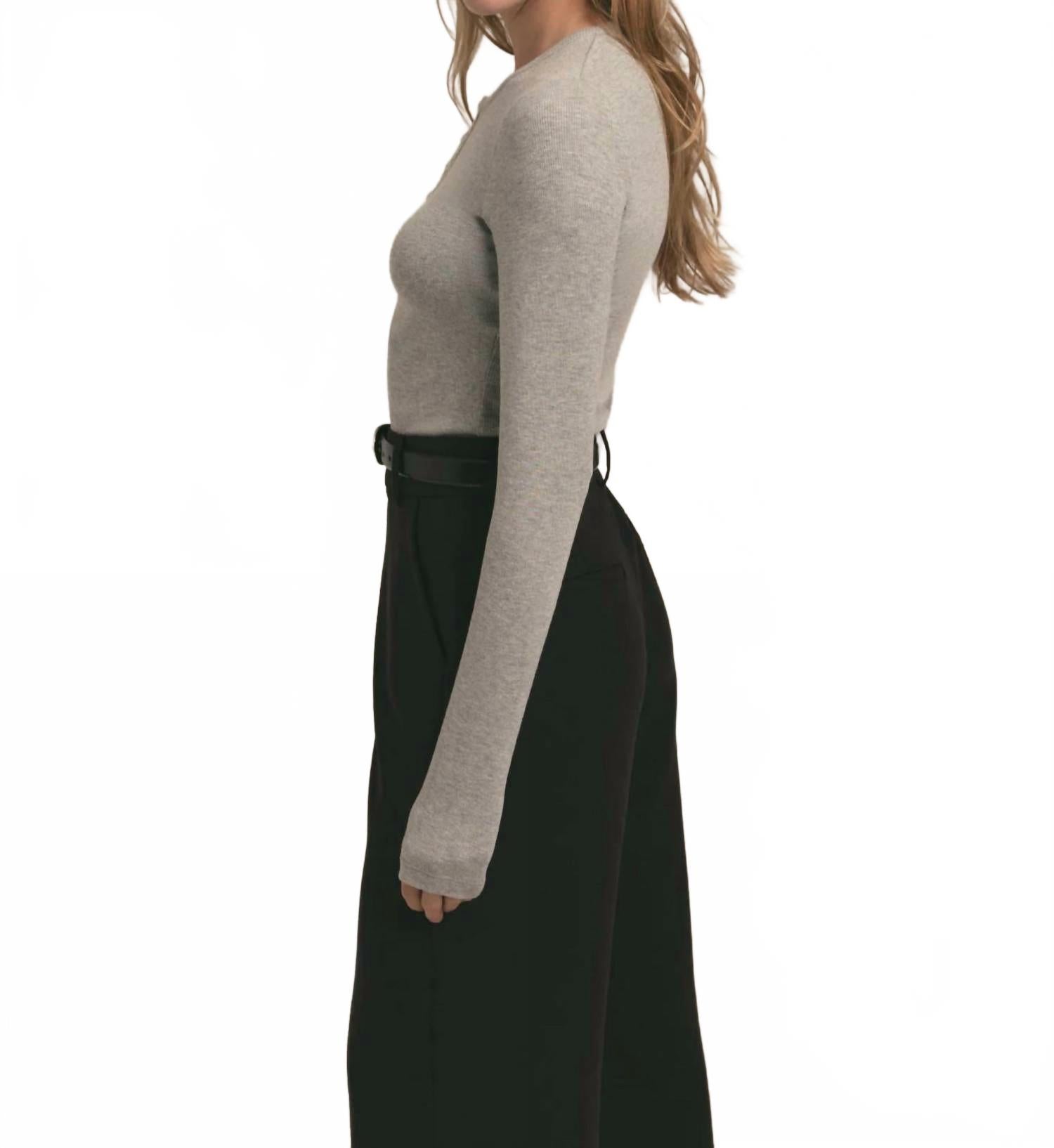 Henley Ribbed Long Sleeve Shirt In Heather Grey