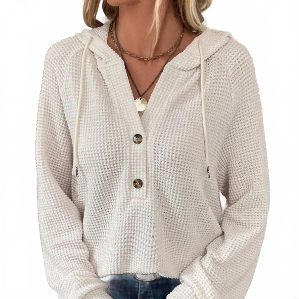 Waffle Button-Up Hoodie Pullover In Apricot