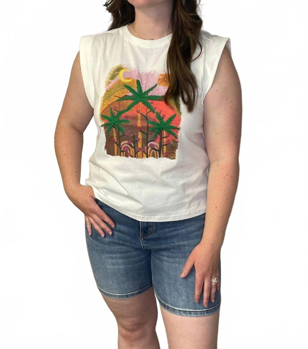 Palm Graphic Sleeveless Tee Top In White