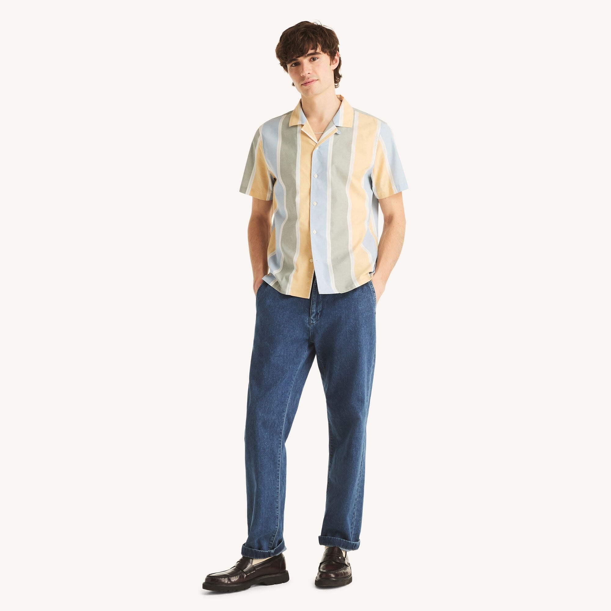 Nautica Mens Striped Short-Sleeve Camp Shirt