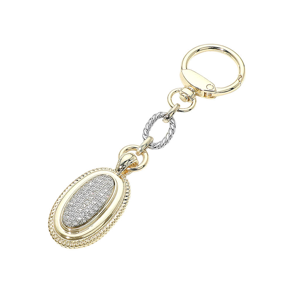 14K Gold Plated Two Tone CZ Pave Oval Drop Keychain Bag Charm