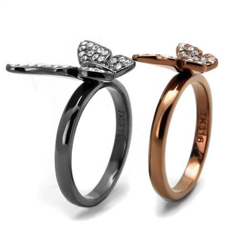 IP Light Black & IP Light coffee Stainless Steel Ring with Top Grade Crystal in Clear