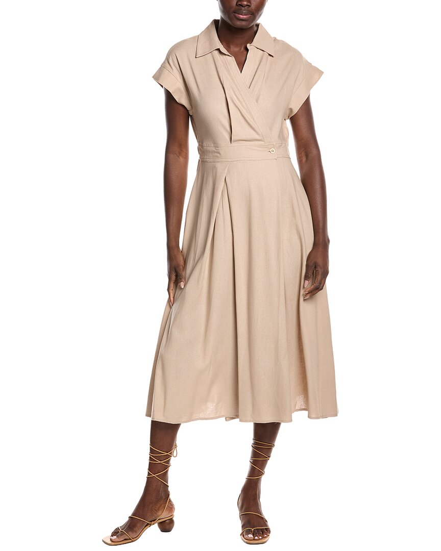 Gracia Banded Waist Linen-Blend Midi Wrap Dress