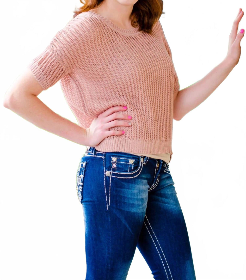 Short Sleeve Sweater Top In Dusty Pink