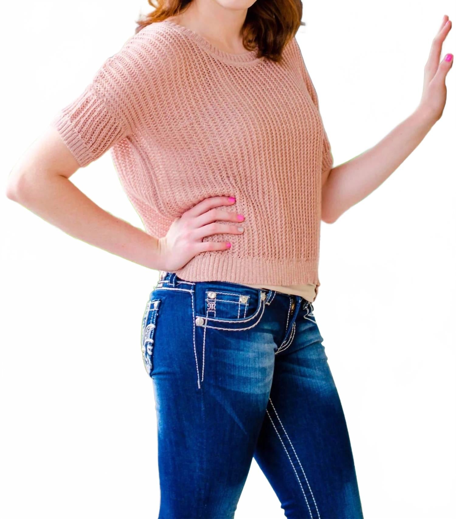 Short Sleeve Sweater Top In Dusty Pink