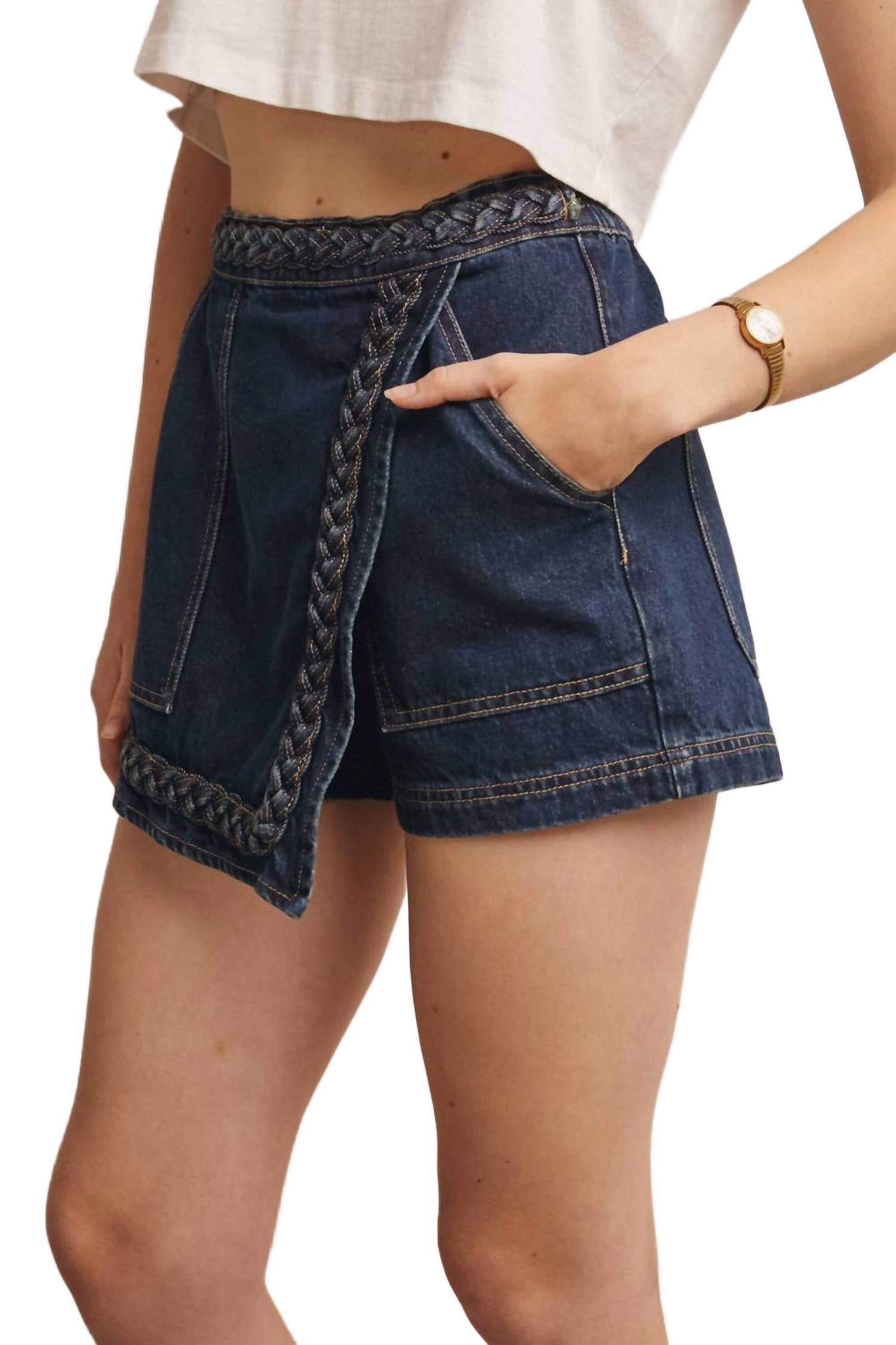 Braided Trim Denim Wrap Skort In Dusk Haze