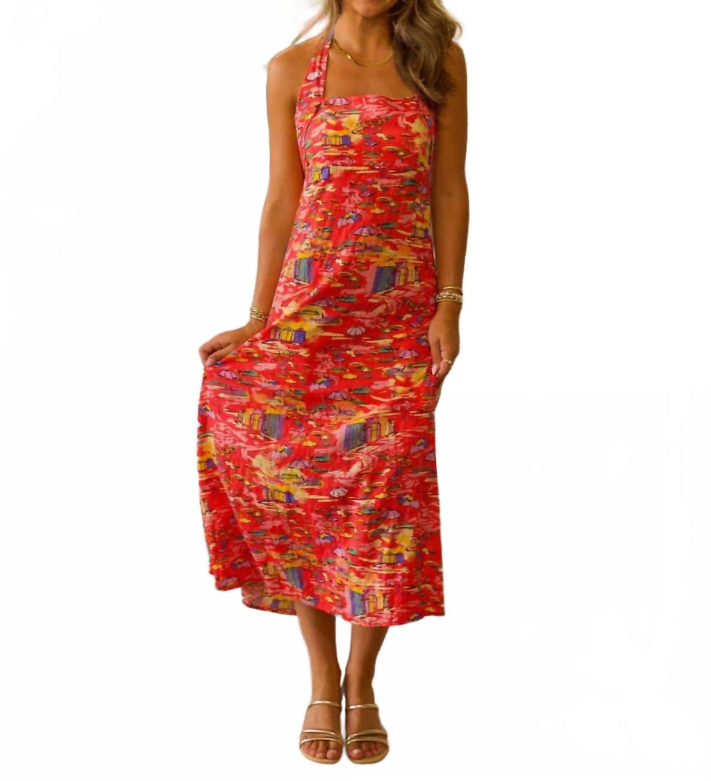 Halter Top Midi Dress In Red Multi